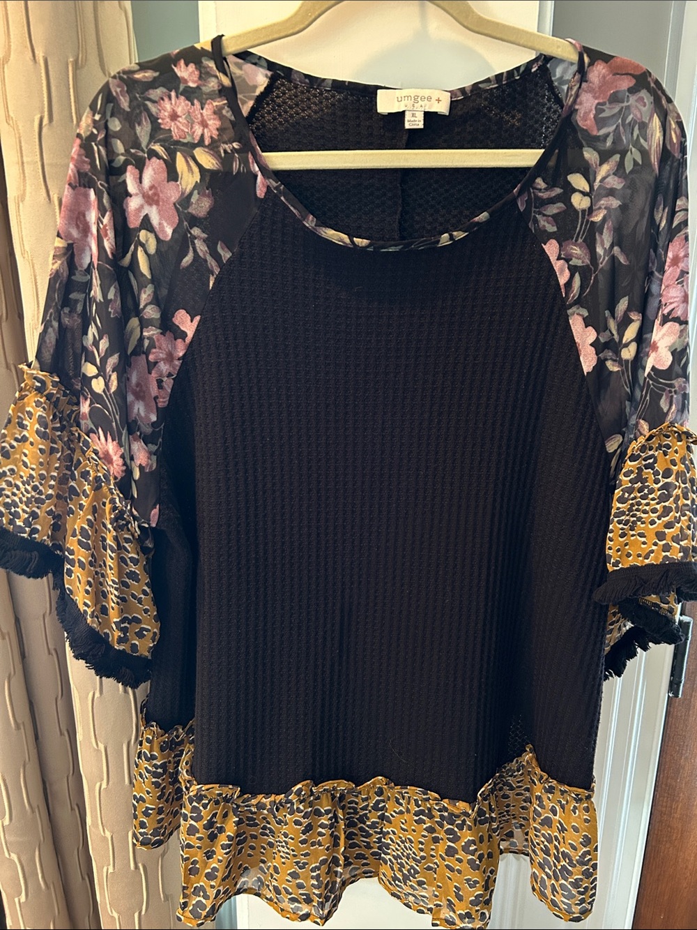 Umgee Black Knit Top with Floral Sheer Sleeves and Mustard Leopard Trim